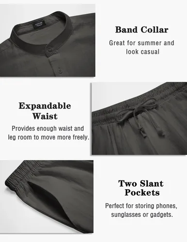 Vista 5 de COOFANDY Conjuntos de lino para hombre, 2 piezas, camisa de manga larga y pantalones cortos casuales con cordón en la cintura, trajes de verano