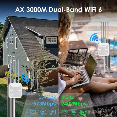 Vista 4 de WAVLINK AX3000 Extensor WiFi 6 para exteriores de largo alcance, punto de acceso inalámbrico para exteriores, PoE activo, antenas 4x8dBi, funciona