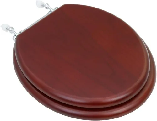 Vista 13 de Renovators Supply Manufacturing Asiento de retrete alargado de madera de caoba ligera con las bisagras de cobre amarillo de PVD y el parachoques