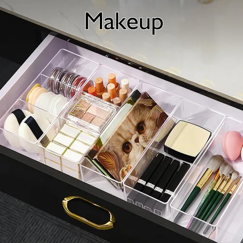 Vista 7 de Juego organizador de cajones de acrílico apilable, 11 cubos de almacenamiento de varios tamaños para maquillaje, escritorio de oficina, baño