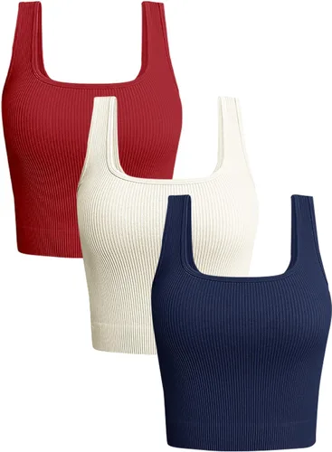 Vista 13 de OLCHEE - Camisetas cortas sin mangas para mujer, pack de 3, básicas, sin costuras, acanaladas, cuello cuadrado, para entrenamiento, verano Negro +