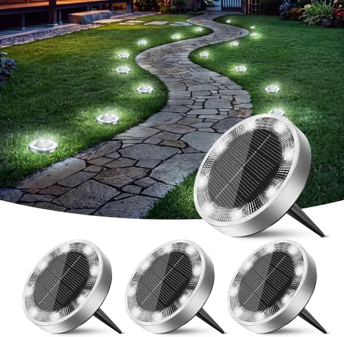 Vista 24 de Peasur Luces solares de suelo para exteriores, paquete de 24 luces planas de disco con energía solar, IP68 impermeable, antioxidante, iluminación