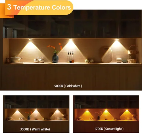 Vista 2 de Luces de gabinete con sensor de movimiento, luz nocturna, efectos de luz de atardecer, batería li, recargable, 3 temperaturas de color, instalación
