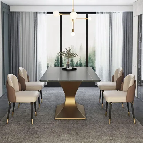 Vista 5 de LAKIQ Mesa de comedor rectangular moderna de estilo lujoso, mesa de cocina de piedra sinterizada, mesa de pizarra con pedestal de bronce para Negro