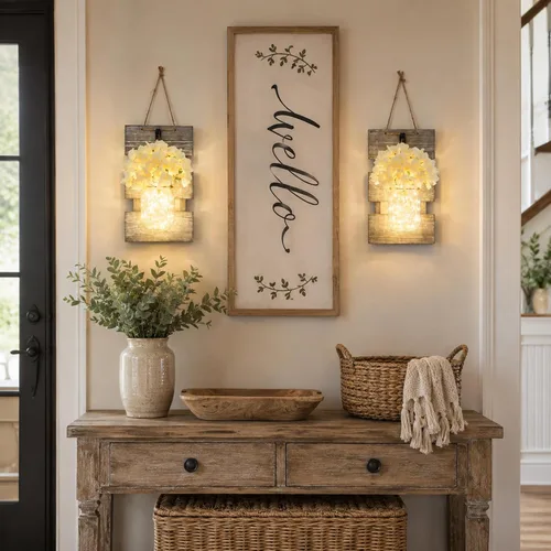 Vista 23 de Decoración rústica de madera para colgar en la pared con tira de luces LED para sala de estar y dormitorio modernos, estilo campestre inspirador