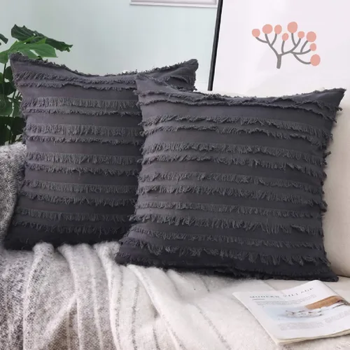 Vista 11 de GYROHOME Paquete de 2 fundas de almohada de algodón y lino, fundas de cojín decorativas, diseño de borlas, fundas de cojín modernas con flecos Beige