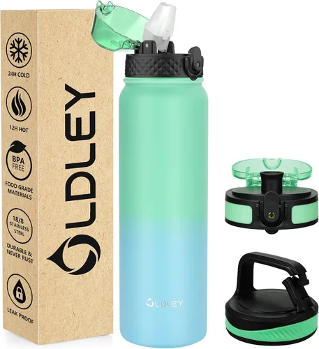 Vista 46 de Botella de agua aislada Oldley de 12 oz con pajita, botella de agua de acero inoxidable con 2 tapas, botellas de doble pared con vacío para adultos