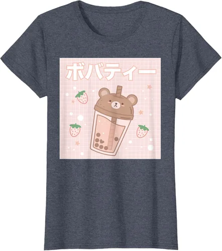 Vista 52 de Camiseta estética Kawaii con diseño de oso lindo y té con leche burbuja, talla S Blanco