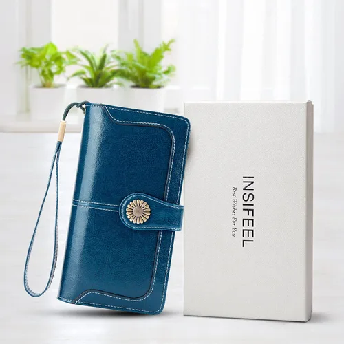 Vista 7 de INSIFEEL Billeteras para mujer de gran capacidad con protección RFID de cuero genuino, Azul marino