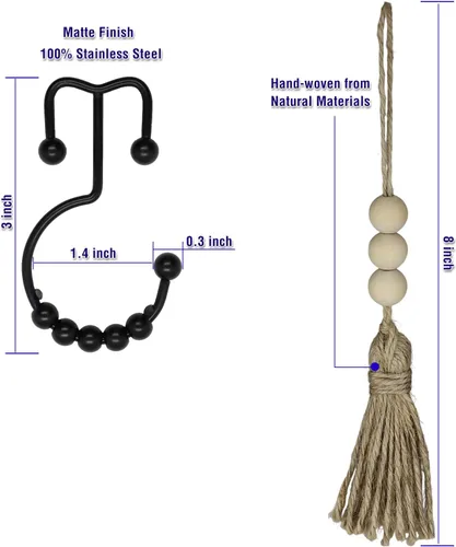 Vista 2 de Ganchos bohemios para cortina de ducha, anillos para decoración de baño, 12 piezas náuticas decorativas de acero inoxidable negro, resistentes a