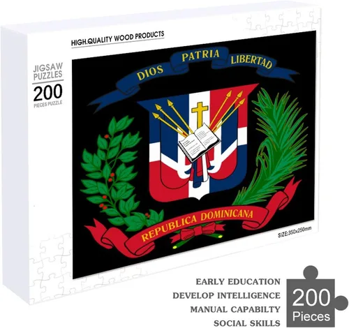Vista 4 de Rompecabezas de madera con logotipo de la bandera de República Dominicana para adultos, 200 piezas en adelante con caja de almacenamiento, 200 piezas