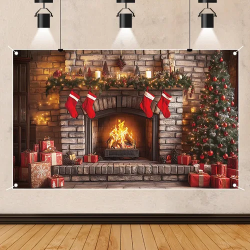 Vista 6 de Telón de fondo de chimenea de Navidad, 5.9 x 3.6 pies, medias de árbol de Navidad de invierno, regalos de fondo para niños, pancarta de fiesta