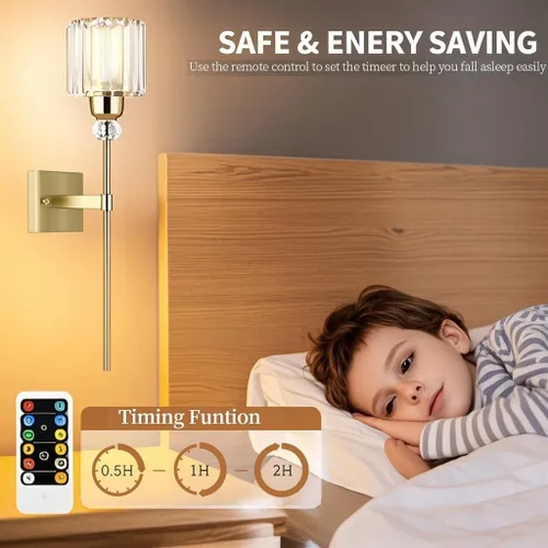 Vista 3 de Apliques de Pared Modernos Dorados con Iluminación a Batería, Juego de 2, Sin Cableado, Accesorio de Luces de Pared Recargables con Control Remoto