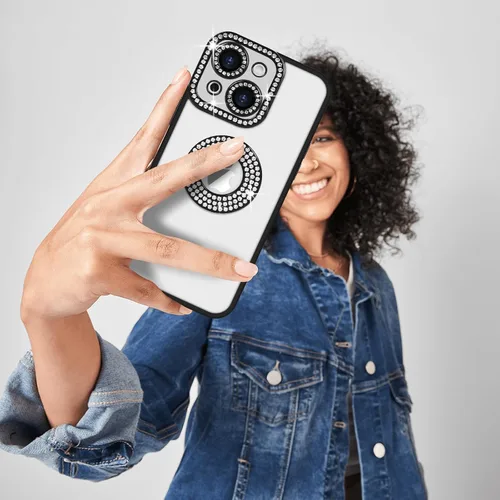 Vista 6 de Losin Funda compatible con iPhone 15 con purpurina y vista del logotipo para mujeres y niñas, bonita funda de lujo con diamantes de imitación, funda