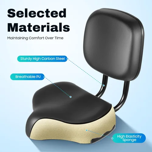Vista 6 de Asiento de bicicleta con respaldo de gran tamaño, cómodo, repuesto de silla de montar de bicicleta, espuma viscoelástica suave, acolchado de piel
