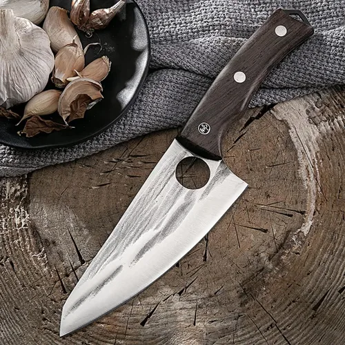 Vista 5 de Cuchillo de carnicero, cuchillo vikingo para cortar carne, 6 pulgadas, afilado, multiusos, forjado en fuego para deshuesar, rebanar, cortar, picar