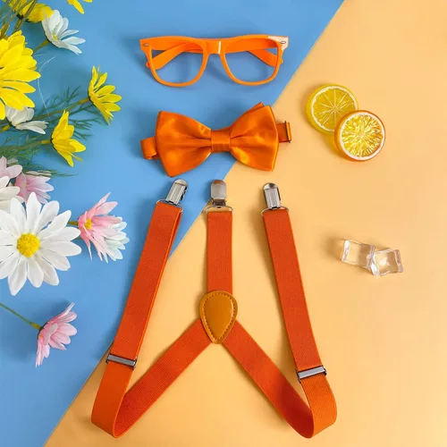 Vista 3 de 3 PCS KidsAdult Roleplay Costume, Orange Bow Tie Suspenders Glasses, Kids Birthday Party Supplies Dress Up Cosplay