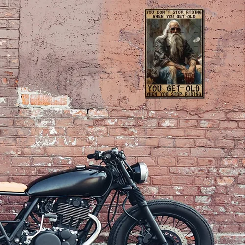 Vista 7 de EMOHAT Letrero de metal para motocicleta, letrero de metal con texto en inglés "You Don't Stop Riding When You Get Old Metal Tin Signs