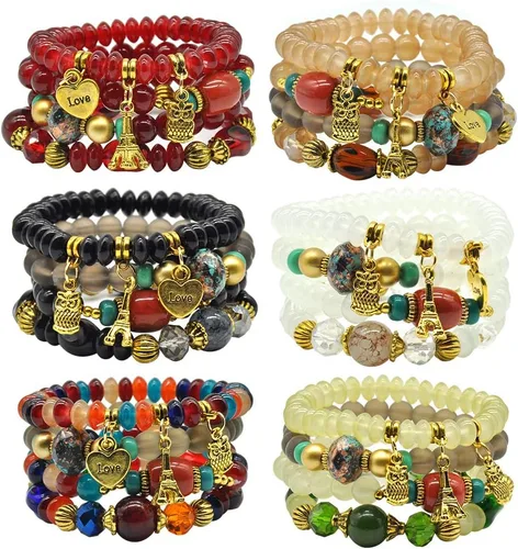Vista 2 de VONRU - Conjuntos de pulseras bohemias para mujer, 6 juegos de pulseras elásticas apilables multicolor, estilo hippie, joyas finas