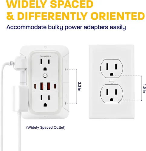 Vista 11 de Extensor de toma de pared de enchufe múltiple, divisor de 6 salidas y 4 puertos USB con carga rápida PD USB-C de 20 W, luz nocturna inteligente