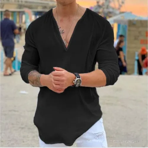 Vista 2 de Rela Bota Camisa hawaiana con cuello en V para hombre, camisas hippie de color liso, camisa Henley para yoga, ropa de playa