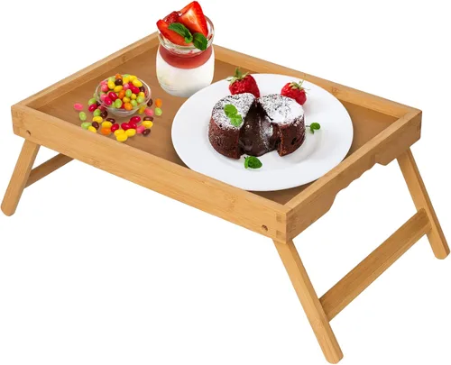 Vista 8 de Artmeer FSC - Bandejas de cama 100% bambú, tamaño mediano, 2 unidades, color natural Two FSC 100% bamboo bed trays with folding legs and handles