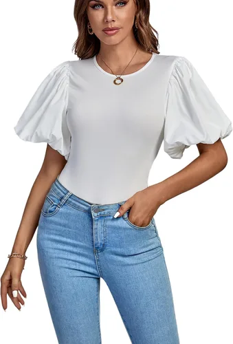 Vista 6 de LYANER Leotardo de manga corta abombada con cuello redondo para mujer
