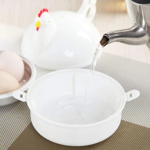 Vista 8 de Caldera de huevos para microondas, 4 capacidades escalfadoras de huevos, olla de huevo con forma de pollo, vaporera para desayuno en microondas