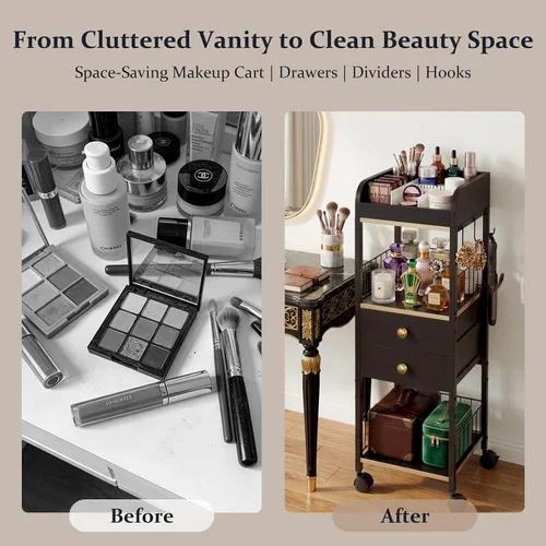 Vista 4 de Makeup Organizer Cart, Rolling Floor Skincare Organizer and Storage with 2 Wooden Drawers, Cosmetics Display Cases Holder for Skin Care Perfume Hair