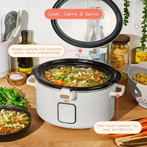 Vista 3 de Olla de cocción lenta programable de 4 cuartos con tapa con bisagras, pantalla táctil, múltiples ajustes de calor, ideal para comidas familiares
