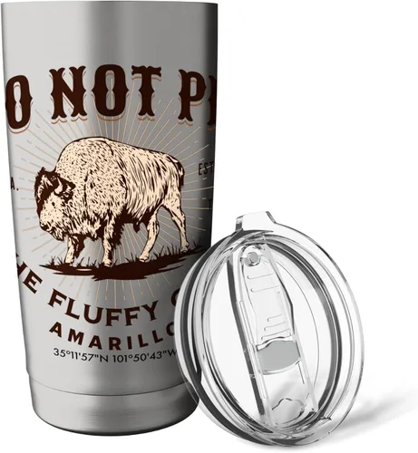 Vista 5 de Amarillo Texas Do Not Pet the Fluffy Cows - Vaso aislado de acero inoxidable con diseño de bisonte divertido
