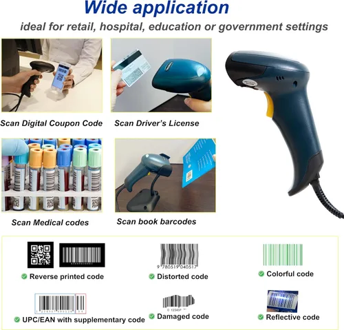 Vista 5 de TEEMI Escáner de código de barras QR con soporte de detección automática manos libres de mano automático USB con cable 1D 2D lector de códigos