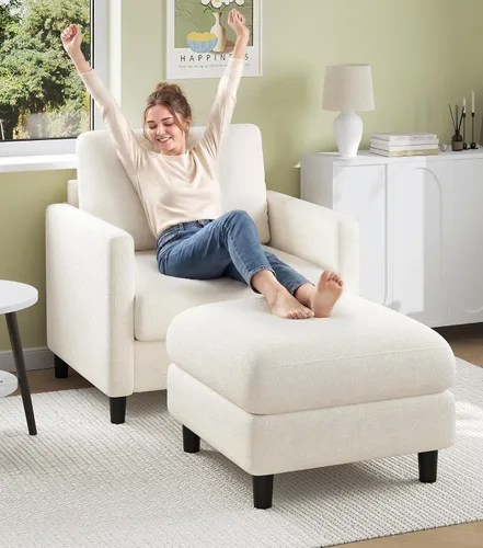 Vista 40 de Welzona Loveseat, 51" Small L Shaped Couch, Comfy Teddy Love Seat with Ottoman Set, Tool-Free Setup Loveseat Sofa with Ottoman, All-Wood Small Sofa