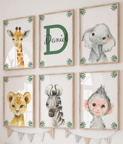 Vista 12 de Juego de 3 carteles personalizados de animales de safari para habitación de niños y niñas, sin marco, nombre personalizado, azul, verde, amarillo