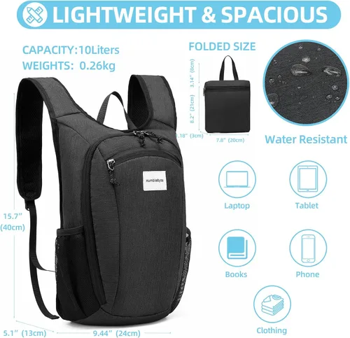 Vista 2 de Mochila ligera plegable de 10L – Mochila de viaje plegable para senderismo, ciclismo y uso diario – Bolsa de viaje resistente al agua con diseño