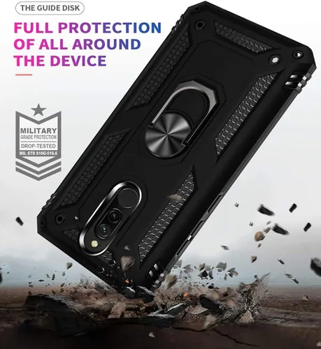 Vista 6 de YaHan Funda para Xiaomi Redmi 8A / Redmi 8, anillo giratorio de 360 grados, soporte híbrido, resistente, de doble capa, a prueba de golpes, con Negro