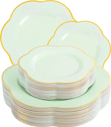 Vista 27 de Liacere 100 platos cuadrados de plástico blanco y plateado, 50 platos de cena blancos resistentes de 9.5 pulgadas y 50 platos de postre de 6 Blanco