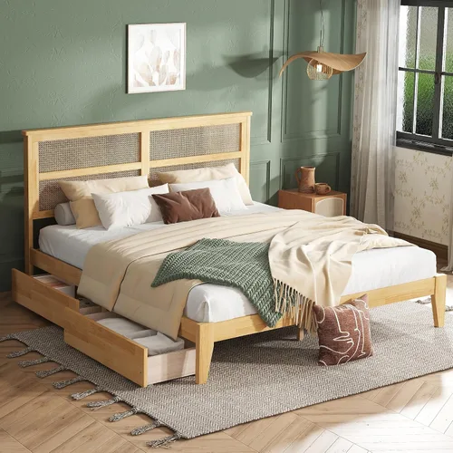 Vista 30 de JIVOIT Cama de plataforma de tamaño King con cabecera de 46.5 pulgadas de alto, marco de plataforma de madera de bambú maciza con listones de madera