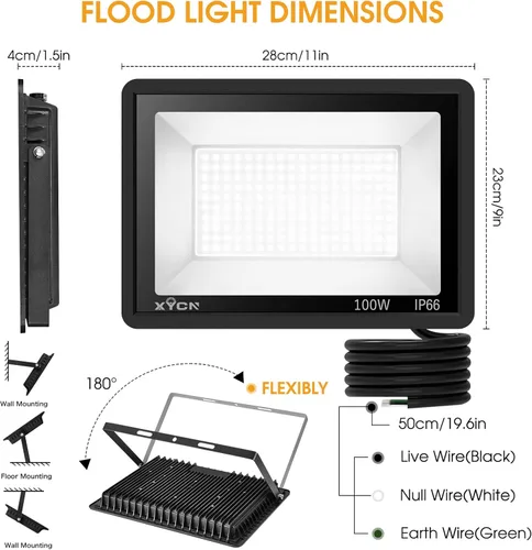 Vista 4 de XYCN Paquete de 4 reflectores LED de 100W, luz de inundación exterior impermeable IP66, luces de seguridad exteriores súper brillantes de 12500LM
