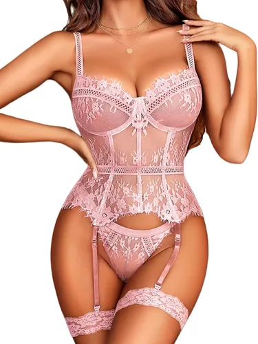 Vista 19 de Avidlove Lencería para mujer, corsé de encaje y bragas, conjuntos de lencería Negro