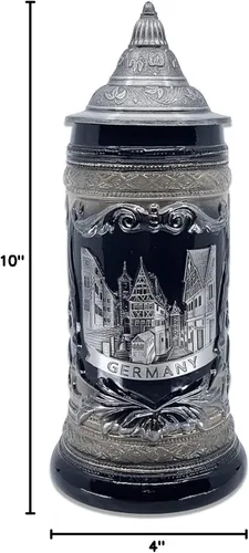 Vista 4 de Essence of Europe Gifts OktoberfestHaus - Jarra de cerveza alemana de Rothenburg con emblema de metal en una jarra de cerámica con tapa de 0,6