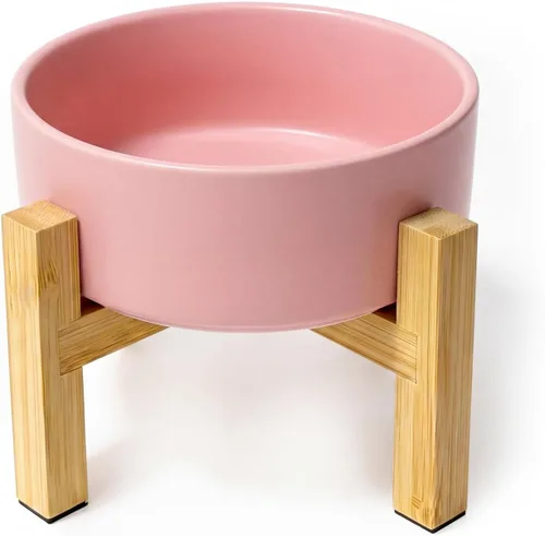 Vista 22 de Cuenco elevado de cerámica para gatos - Cuenco de comida para gatos con soporte de bambú - Plato elevado de comida para perros para cachorros - Verde