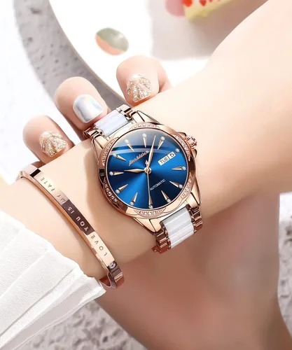 Vista 2 de Reloj automático de cerámica de acero inoxidable para mujer reloj mecánico de 984ft impermeable oro rosa elegante para mujer esfera de concha