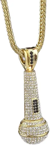 Vista 3 de Colgante de micrófono con acabado de oro helado con dije de micrófono con cadena Franco de 36 pulgadas Hip Hop, Metal