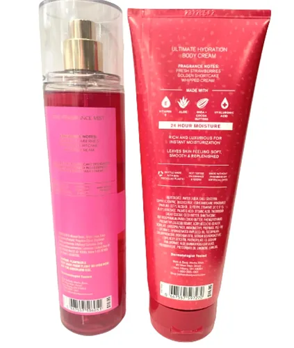 Vista 2 de Bath & Body Works - Pastel de fresa - Paquete de 2 piezas - Bruma de fragancia fina y crema corporal de hidratación definitiva