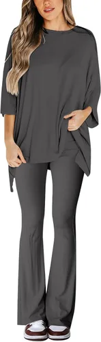 Vista 2 de Gumipy Women's 2 Piece Outfit All Weekend Long Pant Set Casual Fall Outfits 34 Sleeve Ribbed T-Shirt & Wide Leg Pants Tracksuit