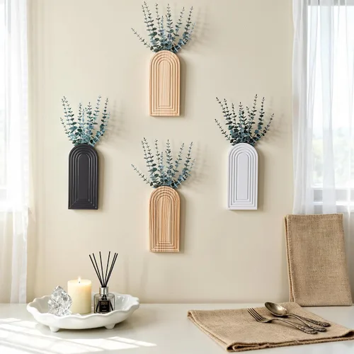 Vista 2 de DREAMLOOM Paquete de 2 jarrones de pared de madera con plantas artificiales de eucalipto, macetas para colgar en la pared, estilo bohemio y moderno