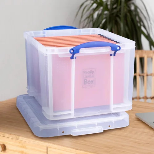 Vista 4 de Really Useful Box Paquete de 3 contenedores de almacenamiento de plástico transparente con tapas y asas de clip, 32 litros - Contenedores