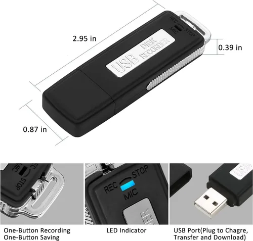 Vista 5 de Grabadora de voz digital; Grabadora de voz de audio de disco USB digital portátil Modea con memoria flash U (16 GB) (negro)