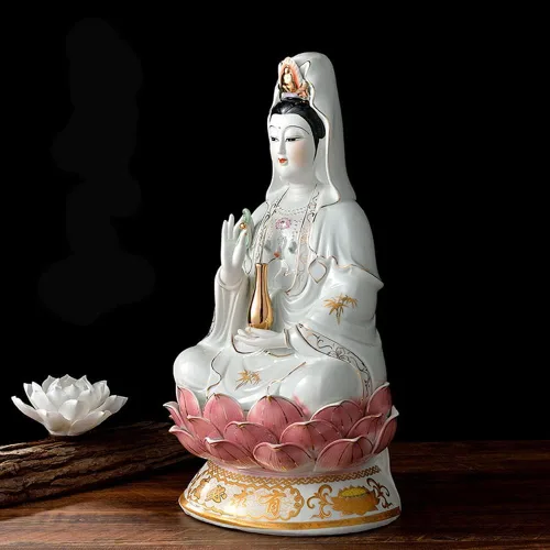 Vista 5 de Estatua de Guan Yin en Lotus – Estatua budista Avalokiteshvara Kuanyin – Regalo de Feng Shui (10 pulgadas)